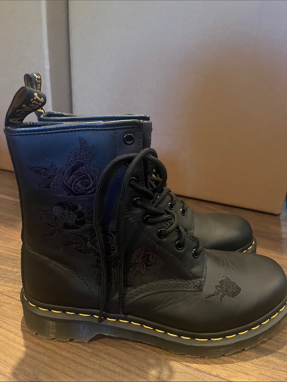 Dr. Martens Black Lace-Up Combat Boots with Floral Embroidery